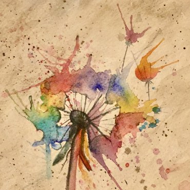 A watercolor of a dandelion scattering into splashes of color